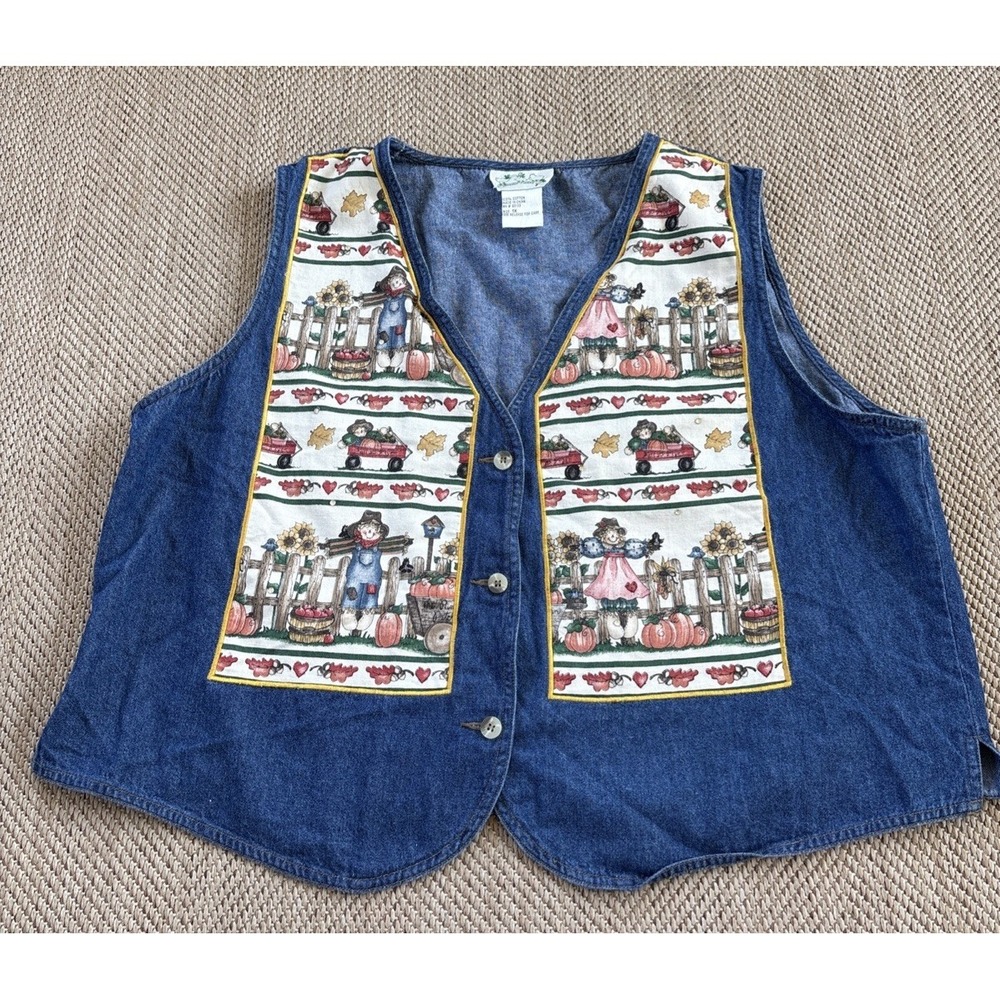 Quacker Factory Vintage Halloween Fall Scarecrow Denim Vest Women's Sz 1X